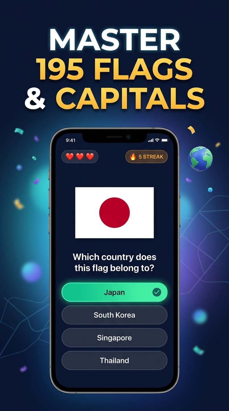 GeoDash Flag & Capital Quiz in-game interface showing flags and multiple choice options