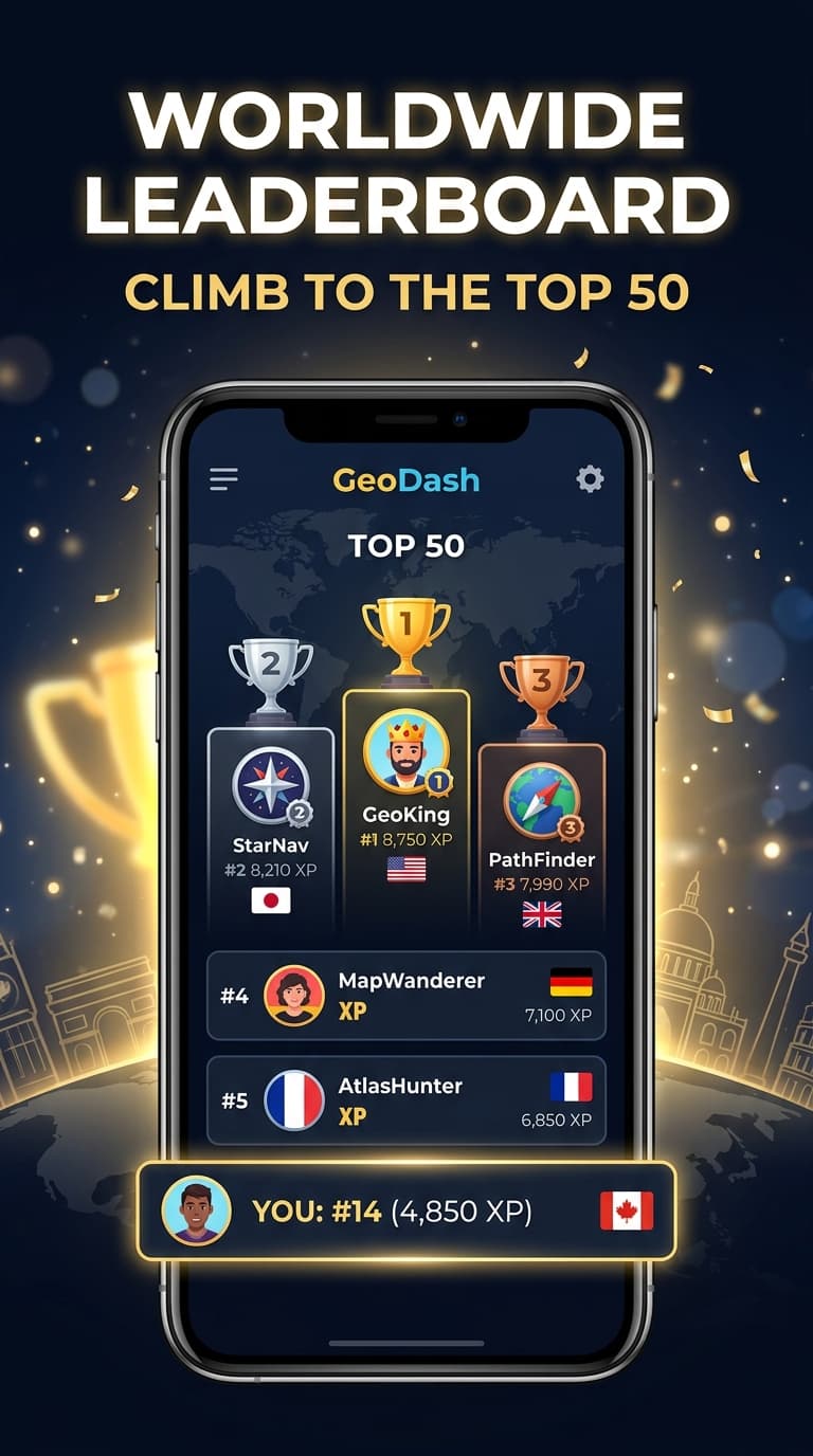 GeoDash Global Leaderboard ranking the top geography players